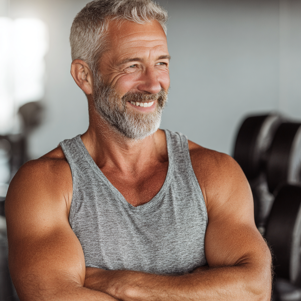 Mosolygós, középkorú magyar férfi edzés közben, egészséges és erős megjelenéssel