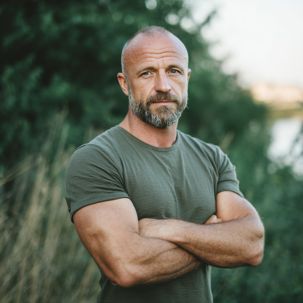 Aktív magyar férfi természetes környezetben, egészséges életmódot követve, 40-es évei közepén